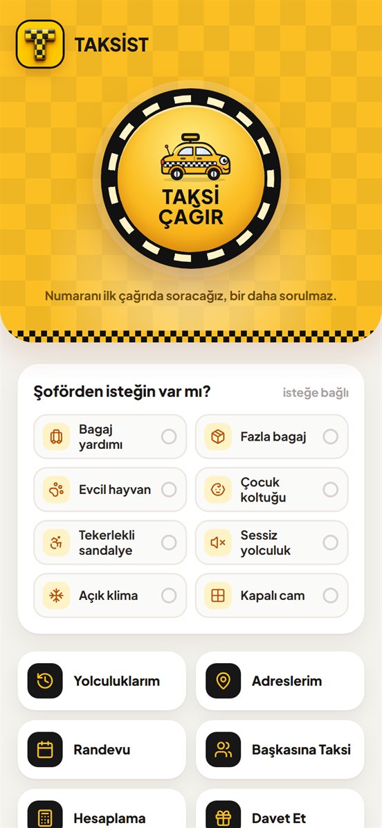 TAKSİST yolcu uygulaması ana ekranı — ortada büyük TAKSİ ÇAĞIR düğmesi